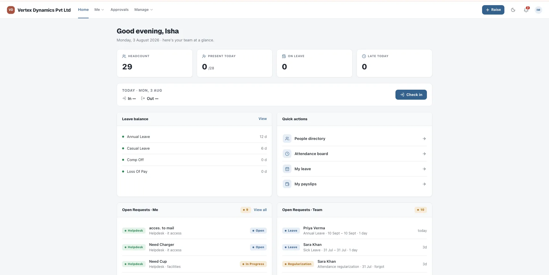 SpadeX-HR home dashboard showing headcount, attendance for the day, leave balances and open requests
