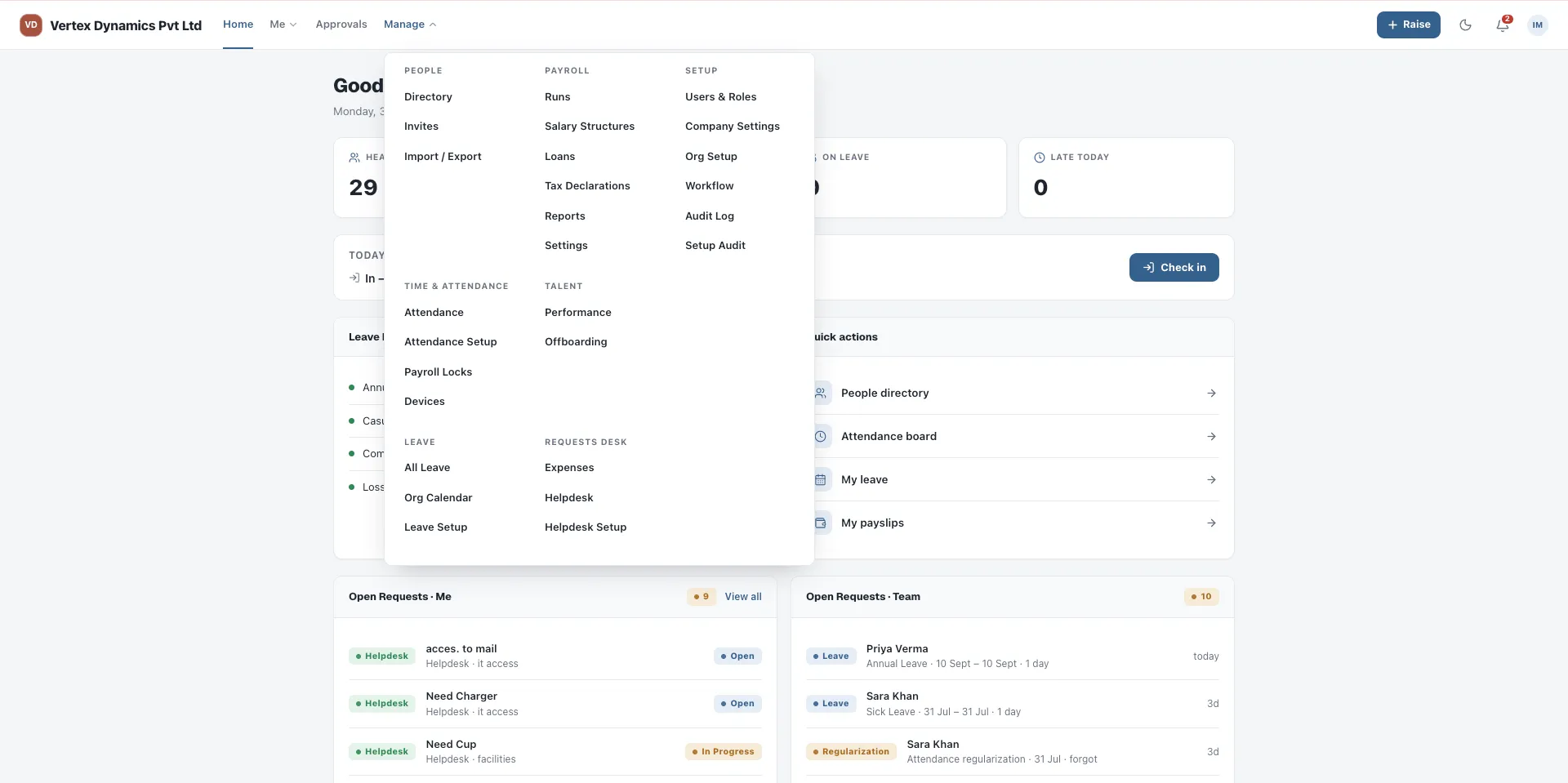SpadeX-HR navigation showing People, Payroll, Time and Attendance, Leave, Talent and Setup modules